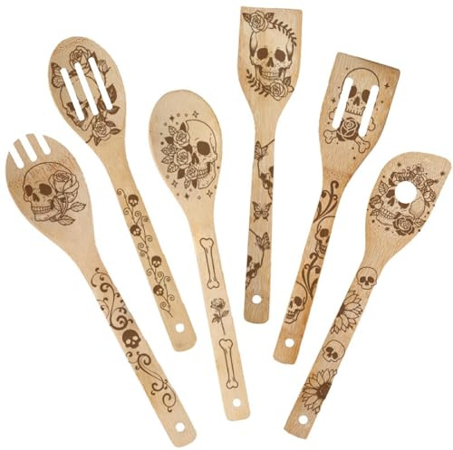 PRESSINART 6 Stück 6 Styles Totenkopf Kochutensilien Bambus Küchenlöffel 2,4 x 11,8 Zoll Robustes Holzlöffel Set Für Männer Frauen Freunde Halloween Einweihung Geburtstag Geschenk Hochzeit Küchen