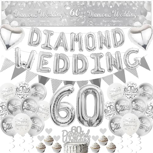 60th Wedding Anniversary Decorations Set - Diamond Wedding Yard Banner and Foil Letter Balloons for Happy Anniversary Party, Silver Number 60 Foil Balloons Bunting Cake Topper for 60 Years Decor