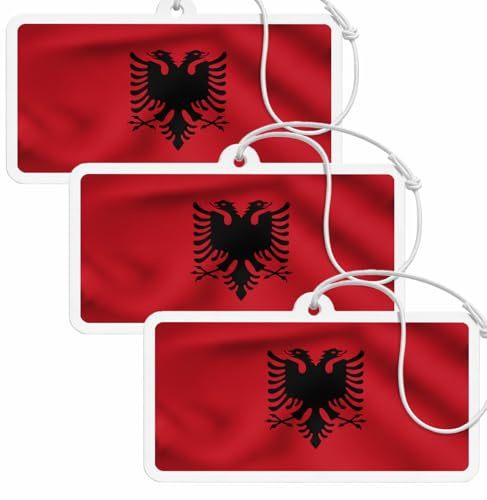 3er Set Auto Lufterfrischer Nationalflagge - Fan Edition Anhänger - Black Ice, Vanilla & New Car, langanhaltender Duft fürs Auto oder Zuhause stilvolles Duft-Accessoire - Albanien Duftbaum