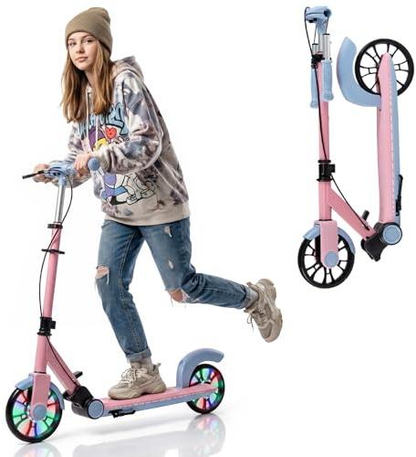 COSTWAY Scooter Roller klappbar, Tretroller 3-Fach höhenverstellbar mit 2 leuchtenden Rädern & Ständer, Cityroller Aluminium, Kickscooter 100kg Belastbar für Kinder, Jugendliche & Erwachsene (Rosa)