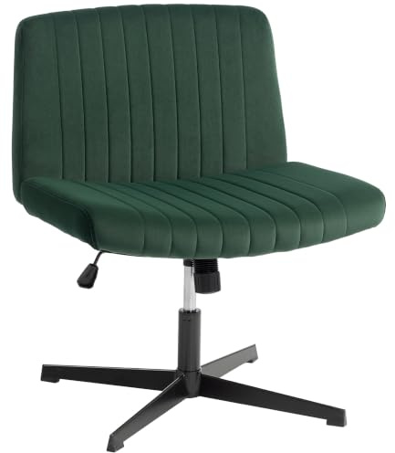 HOMCOM Armless Office Chair No Wheels Flannel Fabric Wide Seat Green | Criss Cross Legged Desk Chair, Thick Padding, Rock Function, Height Adjustable, Swivel Seat for Home