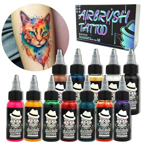 OPHIR Professional Airbrush Body Paint, 12 Colors for Airbrush Temporary Tattoo Body Art, Indoor Glow Outdoor Festival Makeup, EDM Rave Cosplay SFX, Air Brush Body Tattoo Colors, 1.06oz/Bottle