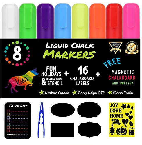 Vaci Markers Lot de 8 marqueurs à craie liquide fluo avec tableau noir magnétique, pochoirs et 16 étiquettes pour fenêtres, tableaux noirs, et plus ; marqueurs lavables non toxiques avec double pointe