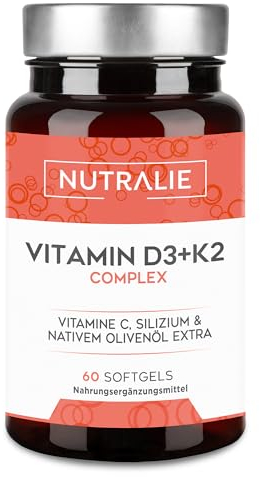 Vitamin D3 + K2 Hochdosiert - 10.000 IE Vitamin D3-99,7+% All-Trans MK7 (K2VITAL®) - Mit Vit D3 + K2 + Silizium & Olivenöl - 60 Softgels - Laborgeprüft - Nutralie
