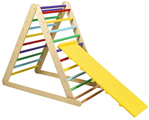 COSTWAY Kletterdreieck klappbar, Klettergerüst mit Leiter aus Holz, Sprossendreieck zur Entwicklung grobmotorischer Fähigkeiten, für Kleinkinder ab 3 Jahren (Bunt)