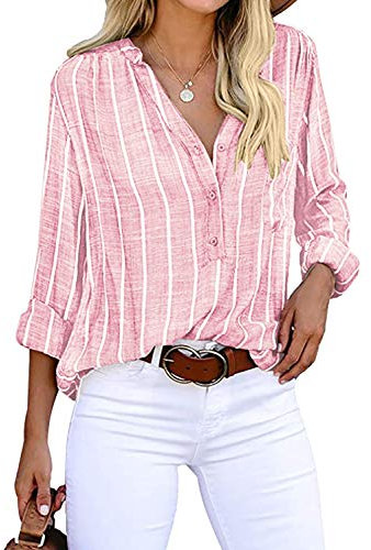 Cindeyar Bluse Damen Langarm Streifen Oberteile Casual Langarmshirt Tops Lose Baumwolle Tunika Hemd (S, Rosa)