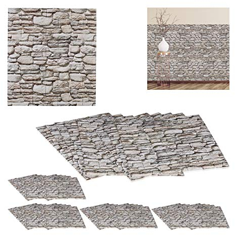 50 x Wandpaneele, selbstklebend, zuschneidbar, 3D Paneele, Wandverkleidung Steinoptik, PE, 77x70 cm, Steinpaneele, grau