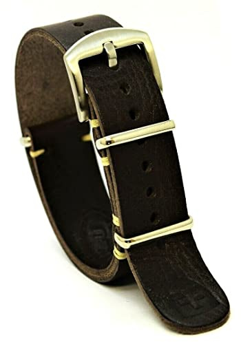 NATO-Uhrenarmband, Zulu-Band, Leder, Militär-Stil, geölt, lang, braun, handgefertigt, Edelstahl-Schnalle, wählen Sie Größe 18 mm, 20 mm, 22 mm, 24 mm, 18mm