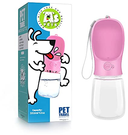 AS Pets - Borraccia portatile per cani, ideale per passeggiate a piedi, bevande, antibatterica a prova di perdite, contenitore da viaggio per animali domestici, regalo per cani (350 ml, rosa)