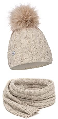 ELIMELI® Mütze Schal Damen Winter Kombi Set - warme Strickmütze Wintermütze mit Bommel und EIN passender XL Schal - Slouch Strick Beanie Bommelmütze Made in EU 15568 (Beige)
