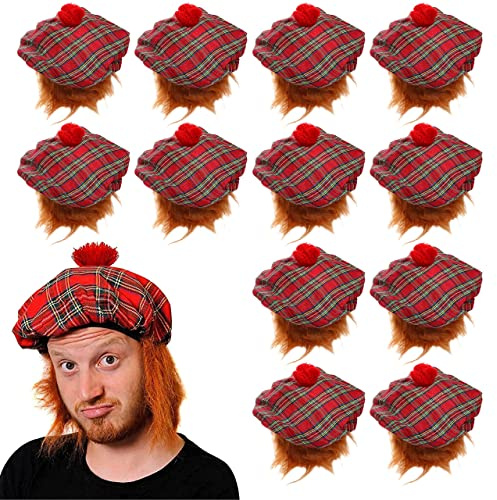 Tam O' Shanter Hut mit Perücke, 12 Stück, schottische Kostümmütze mit angenähten Ingwerhaaren – St. Andrews Day – Scotland Burns Night