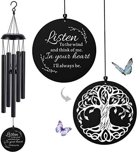 Sympathy Wind Chimes for Loss of Loved One, Memorial Windchimes for Lost Father Mother Friends, Remembrance Bereavement Gift with Card, in Memory Deep Tone Metal Windchime for Garden (39“-Black)