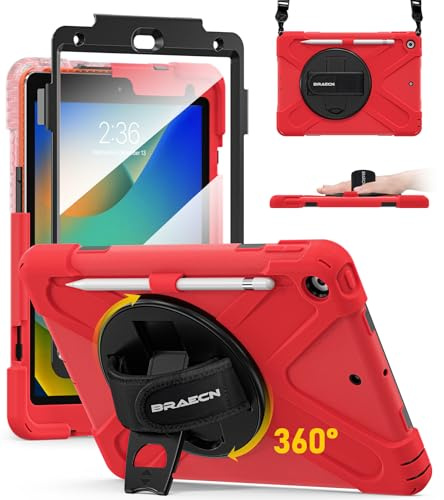 BRAECN für iPad 9th/8th/7th Generation Hülle - 10.2 Zoll 2021/2020/2019 | Robuste Stoßfeste Schutzhülle mit Displayschutz, Stifthalter, 360° Drehbarer Handgurt und Ständer, Schultergurt, Rot