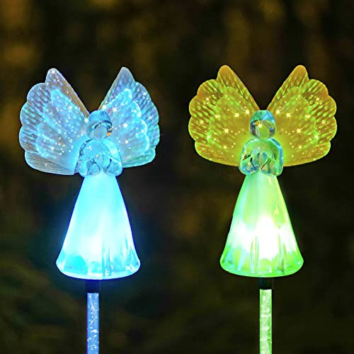 Outdoor Solar Garden Lights,2 Pack Solar Angel Decorative Lights, IP67 Waterproof Color Changing LED Solar Outdoor Lights,Solar Stake Lights for Cemetery Grave Garden Patio Yard Lawn Decoration