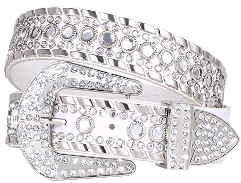 XZQTIVE Damen Gürtel Herren Strassgürtel Westerngürtel Cowgirl Cowboy Bling Nieten Ledergürtel für Jeanshosen(4-Weiß (Silberschnalle), 105cm)