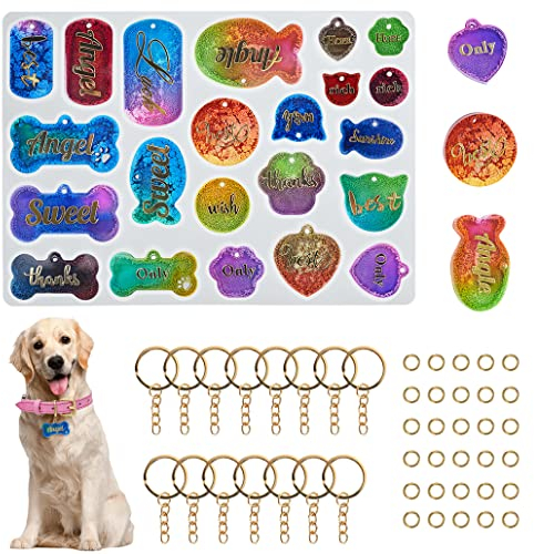 KyeeaDIY Silikonformen Epoxidharz Hundemarke Beschriftung, Hundeknochen Förmige Silikon Harz Form Set, Silikonform Anhänger mit Loch für DIY Schmuck Fisch Cat/Dog Tag Resin Molds