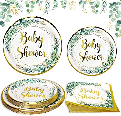 Heboland 100Pcs Sage Green Baby Shower Decorations Neutral for 25 Guests - Boy & Girl Baby Shower Plates Cups and Napkins Reusable Cutlery Set for Kids Party Table Decorations