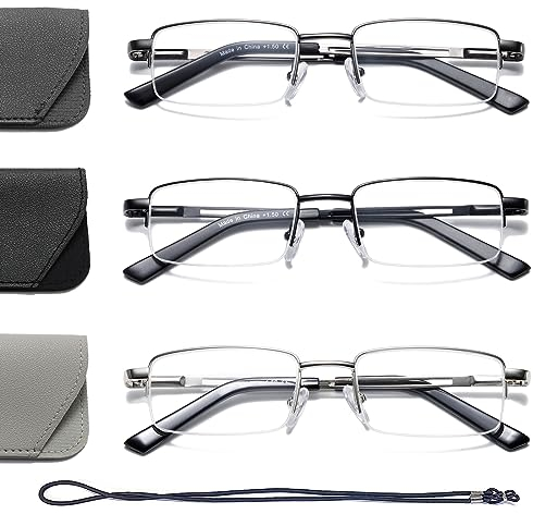 Hubeye 3 Pack Halbrahmen Lesebrille Herren und Damen aus Metallrahmen Federscharniere Halbbrille Lesehilfe Blaulicht Blockierende Computer Sehehilfe mit Brillenetui 2.50