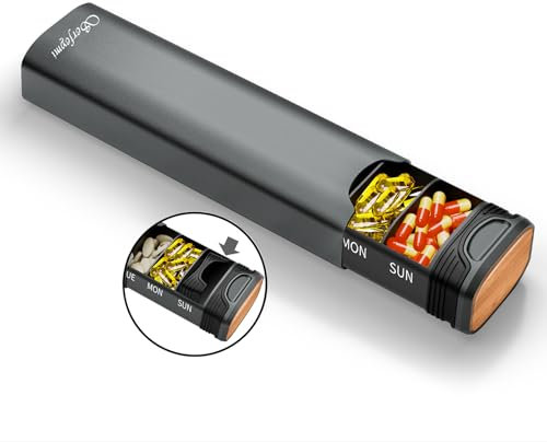 Serfeymi Tablettenbox 7 Tage - Metall Medikamentenbox, Pillendose, Tabletten Organizer Ein-/Ausschiebedesign, Pillenbox, Dispenser Medikamente für Pill, Supplement(Zusätzliche Dichtung)- Gray