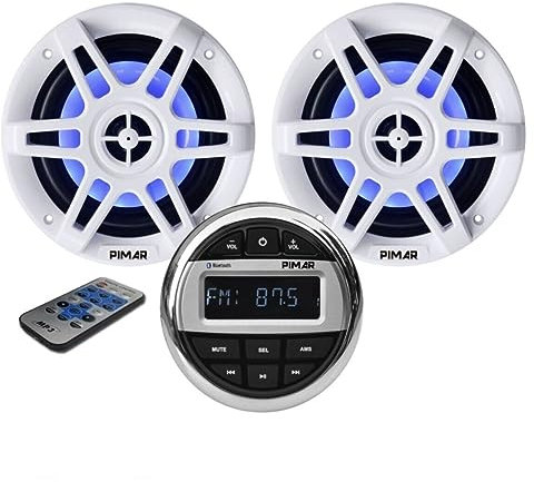 PIMAR Kit stereo con casse bianche led 150 WATT + telecomando presa usb radio bluetooth accessori barca gommone nautica (KIT STEREO CON 2 CASSE)