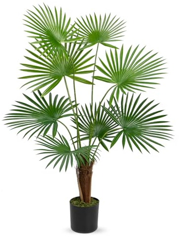 Hollyone Palma artificiale Areca da 90cm, palma tropicale finto con 8 foglie grandi, piante artificiali in vaso, pianta verde decorativa per interni ed esterni, per la casa, l'ufficio, la decorazione