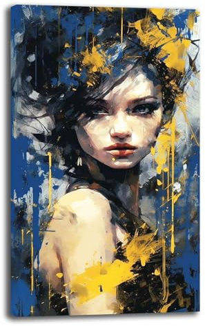 Quadro Moderno Soggiorno Verticale Donna Volto blu giallo Quadri moderni di tela canvas da Parete XXL grande Stampa su tela Camera da letto Decorazione Murale muro Arredo Cucina (40x70 cm, 5)