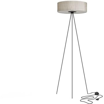 Licht-Erlebnisse Stehleuchte Dreibein 154 cm klein Grau Schwarz Stoffschirm Metall Gestell Fußschalter Kabel Stecker Tripod 3x E27 Stehlampe Wohnzimmer