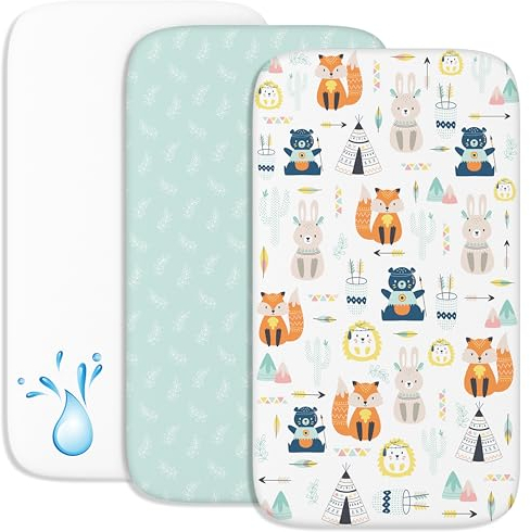 2X Spannbettlaken aus 100% Baumwolle mit Gummiband - 1X Matratzenschoner aus 100% wasserdichtem Material - 3er-Set - 55x90cm - Fuchs