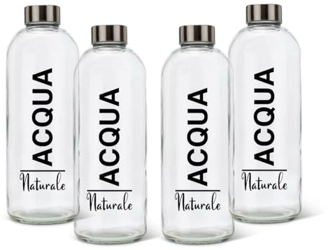 BrandPrint - Set di 4 Bottiglie in Vetro 1 Litro, modello EOS, Serigrafate Naturale, Tappo a Vite in Acciaio, Resistente a Lavastoviglie, Senza BPA, Facile da Pulire, 4 Naturali, Vetro