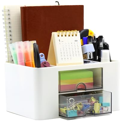 YUNSHANGHE Schreibtisch Organizer 5 Fächer, Stiftehalter Schreibtisch mit Schublade, Multifunktionaler Tisch Organizer aus Kunststoff, Stifte Organizer für Büro Zuhause Schule (Weiß)