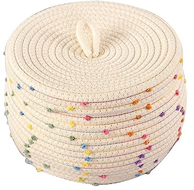 Baumwollseil Körbchen Geflochten, 22cm Rund Aufbewahrungskorb mit Deckel, Dekorative Behälter Kinderzimmer Zubehör für Obst Snacks Handtücher Bücher Spielzeug