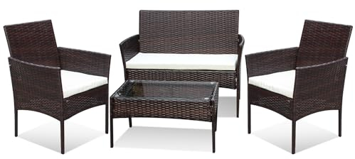 Vigevee Polyrattan Sitzgruppe, 7-teilige Gartenmöbel Set, Wetterfest, Balkonmöbel mit 2er Sofa, 2 Stühle, Tisch & Sitzkissen, Garten Loungemöbel Braun