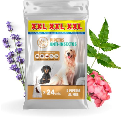 KRISLIN Pack de 24 Pipetas Anti-Insectos para Perros con Margosa, Geraniol y Lavandino | contra Pulgas, Garrapatas, Mosquitos y flebótomos | Único | 1,5 ml