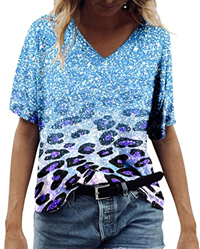 LOSVIP T-Shirt à Manches Courtes imprimé Fleuri à col en V pour Femmes Spatule Maquillage (Blue, XXL)