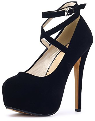Womens Stiletto High Platform Heels Round Toe Ankle Strap Platform Pump Party Dress Heel (Beige Sole) Black Tag Size 42 - UK 7.5