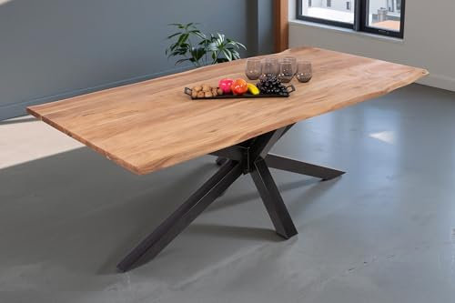 SAM Baumkantentisch 180 x 90 cm Dana, massiver Esstisch Eiche, Esszimmertisch mit schwarzem Spider-Gestell aus Metall, echte Baumkante, pflegeleichter Holztisch