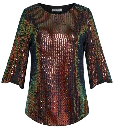 Damen Pailletten Oberteile Langarm Rundkragen Loose Fit Casual Shirt Blaugrün-schwarz-Pailletten XL