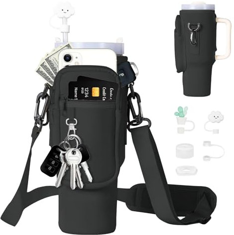 POFIBO Sac pour Bouteille d'eau pour Tasse Stanley - Porte-Bouteille d'eau avec Compartiment pour Téléphone Portable et Bandoulière Réglable, Water Bottle Carrier Bag pour Marche, Camping (Noir)