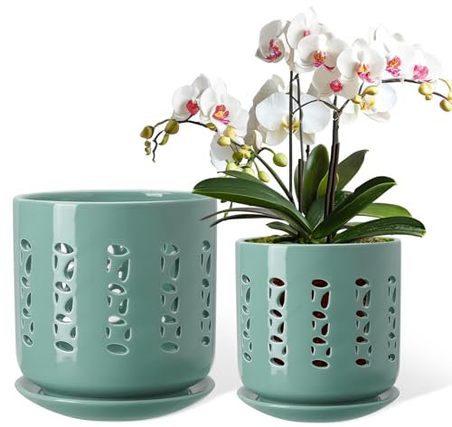 BUYMAX Ceramic Orchid Pot, 5 Inch+6 Inch Planter with Drainage Holes and Tray, Indoor Flower Pot for Repotting Orchids, Elegant Indigo Glaze
