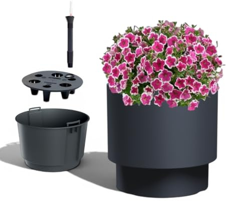 MELTOM Pot de fleurs avec insert amovible - Rond - Résistant au gel - Moderne - Mat - Avec système d'irrigation - Anthracite - Taille XL - 40 cm