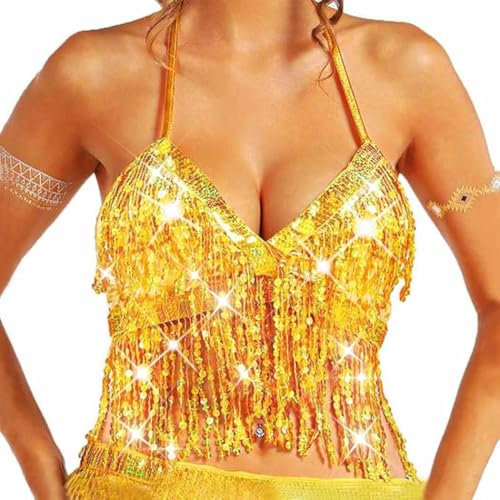 Evlry Pailletten-Neckholder-Top Mit Goldener Quaste - Glitzerndes Bra-Top, Bauchfrei für Rave-Partys und Clubs - für Frauen und Mädchen