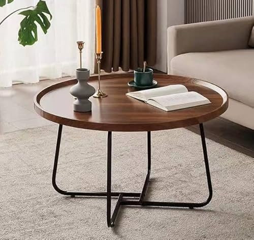 Table basse moderne ronde en bois de noyer avec cadre en métal noir, meubles de salon multifonctionnels pour petits espaces (taille : 80 x 46 cm)