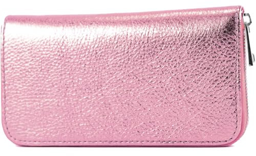 modamoda de SILBER-P02 Damen Leder Geldbörse Portemonnaie lang Handmade in Italy, Farbe:Rosa Metallic