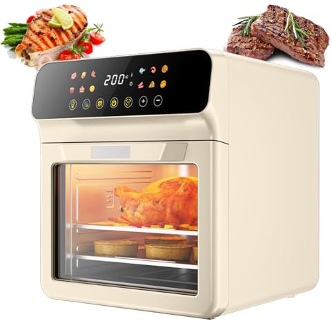 Forno Friggitrice ad Aria da 1700 W, Friggitrice ad Aria da 12 Litri Forno Combinato con Timer e Controllo della Temperatura, Mini Forno Elettrico Grill con Finestra Visibile, Tecnologia Off-white
