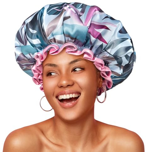 mikimini Duschhaube Damen Wasserdicht, Große Shower Cap, Tropisches, 2 Pcs | Wiederverwendbar Duschhauben mit Elastischer Bund für Lange und Dicke Haare, Tropischem Design Shower Cap für Mädchen Frauen