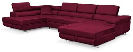 SOFILAND Wohnlandschaft Aller Moon U XXL-Ecksofa mit Schlaffunktion und Zwei Bettkästen. (Dunkelrot/kastanienbraun, Links)