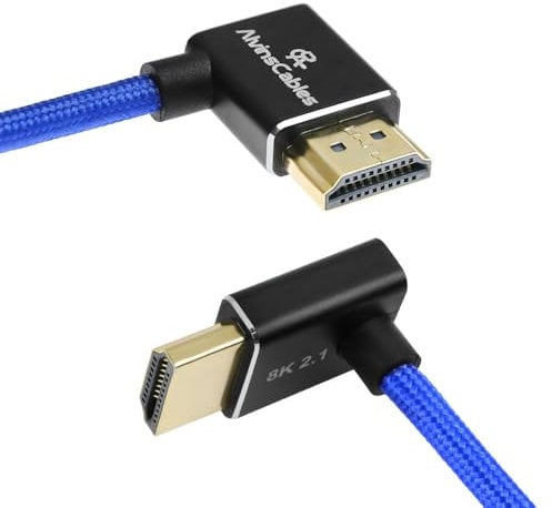 Alvin's Cables 8K HDMI 2.1 Cable 48Gbps 8K@60Hz 4K@120Hz High-Speed Braided Coiled Cable for Sony FS5 FS7 FX9,BMPCC,for Canon C300 C500,for Atomos Ninja,for Feelworld,Right to Up Angle Blue