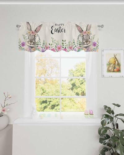 Frohe Ostern Volants für Fenster/Schlafzimmer/Wohnzimmer/Küche/Café, Blumenkranz, Kaninchen, Blumen, Eier, Ostern, halbtransparent, kleiner Vorhang, Volant, Tasche, Lichtfilterung, Fensterbehandlung,
