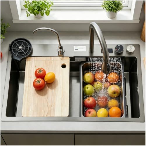 Évier à cascade 75 x 50 cm, évier en acier inoxydable, évier encastrable à 1 bac, grande évier de cuisine avec plan de travail, y compris robinet coulissant 3-en-1, planche à découper et système de