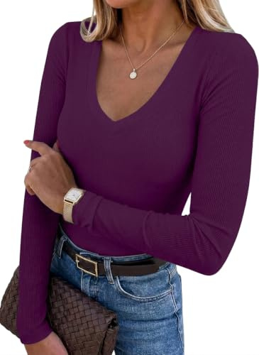 Chicrise T Shirts Manches Longues Femme Chic Col en V Sexy pour Femme Couleur Unie Pull Basique